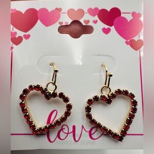 Gold Tone Open Heart Drop Earrings With Red Rhinestone Crystals NWOT